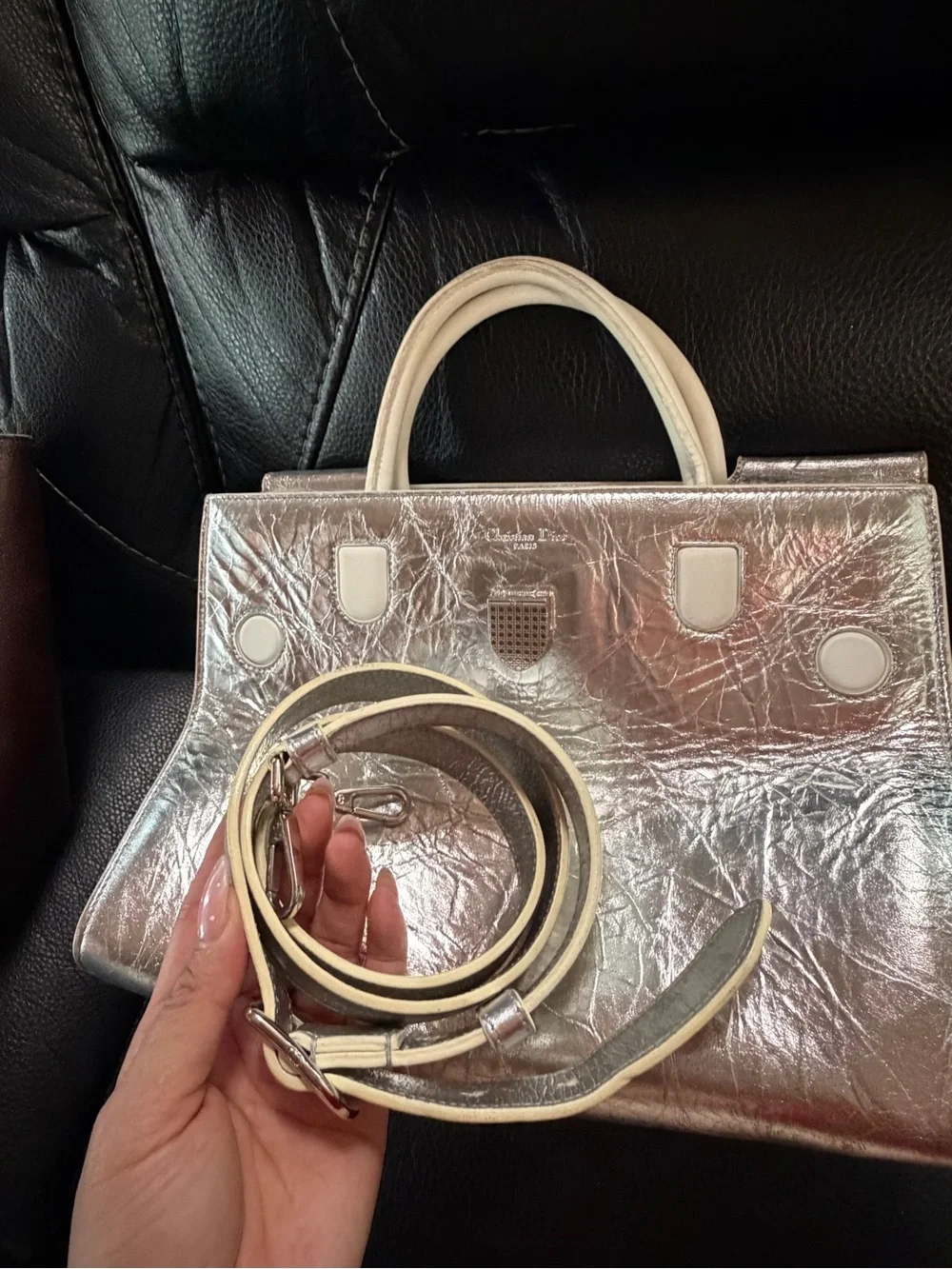 Dior Metallic Silver Crinkled Leather Satchel